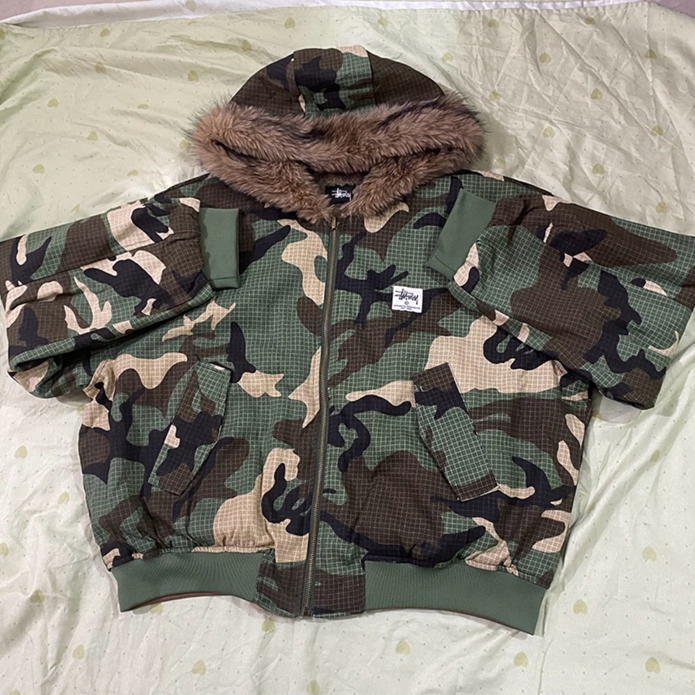 Stussy Green Camouflage Jacket with Faux Fur Trim